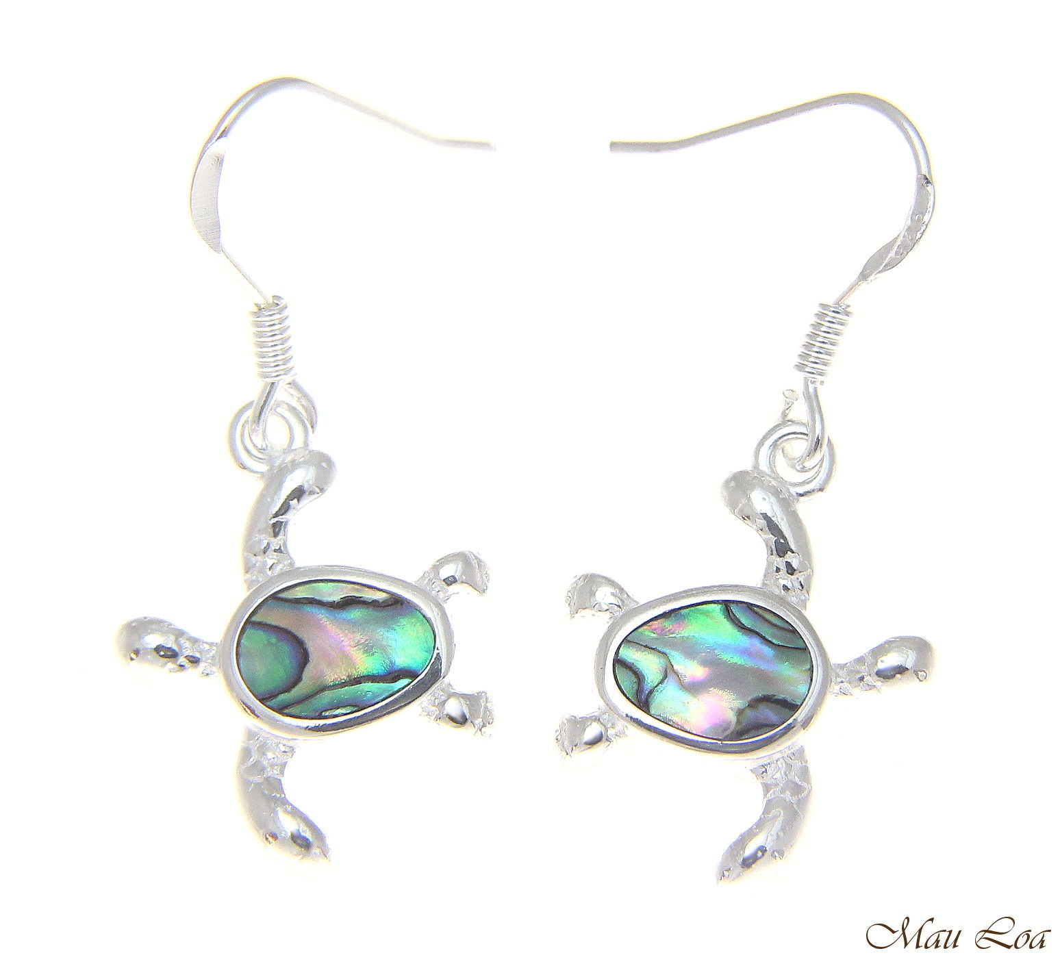 925 Sterling Silver Hawaiian Honu Sea Turtle Abalone Shell Paua Hook Earrings