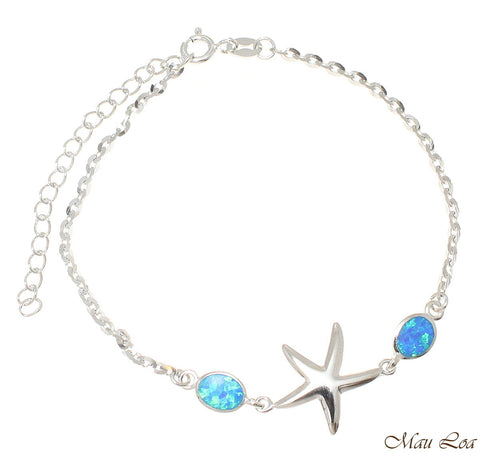 925 Silver Rhodium Hawaiian Starfish Sea Star Opal Link Chain Bracelet 7"+