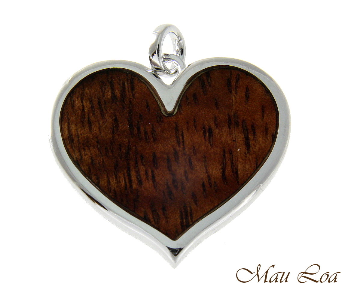 Koa Wood Hawaiian Scroll Heart Rhodium Silver Plated Brass Reversible Pendant