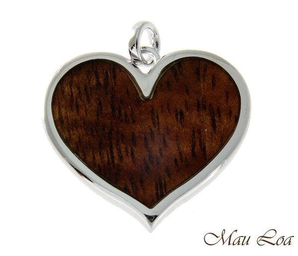 Koa Wood Hawaiian Scroll Heart Rhodium Silver Plated Brass Reversible Pendant