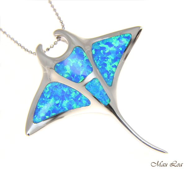 925 Sterling Silver Rhodium Hawaiian Large Manta Ray Blue Opal Slider Pendant