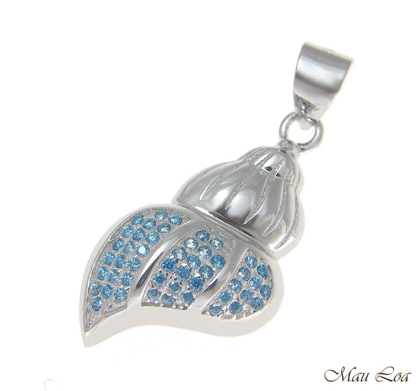 925 Sterling Silver Genuine Blue Topaz Hawaiian Conch Shell Pendant