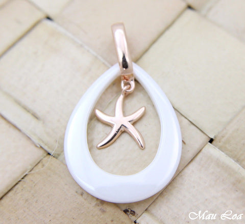 925 Silver Pink Gold Hawaiian Starfish Sea Star White Ceramic Tear Drop Pendant