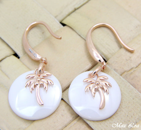 925 Silver Pink Rose Gold Hawaiian Palm Tree White Ceramic Circle Hook Earrings