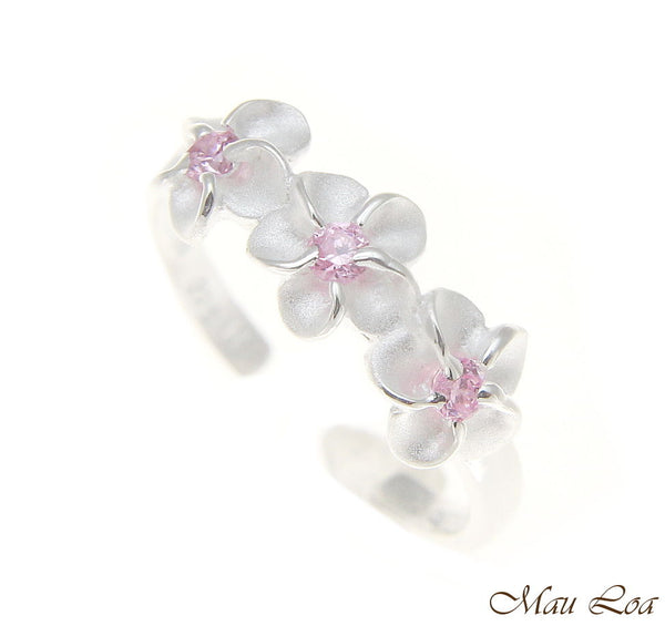 925 Sterling Silver Hawaiian Triple Plumeria Flower Pink CZ Open Toe Ring