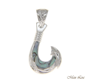 925 Sterling Silver Hawaiian Fish Hook Abalone Paua Shell Pendant S M L