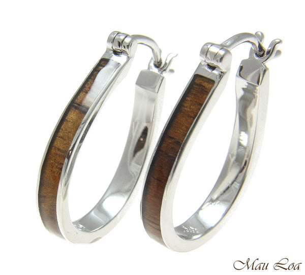 Koa Wood Hawaiian Rhodium Plated Brass 20x26mm Oval Hoop Snap Closure Earrings
