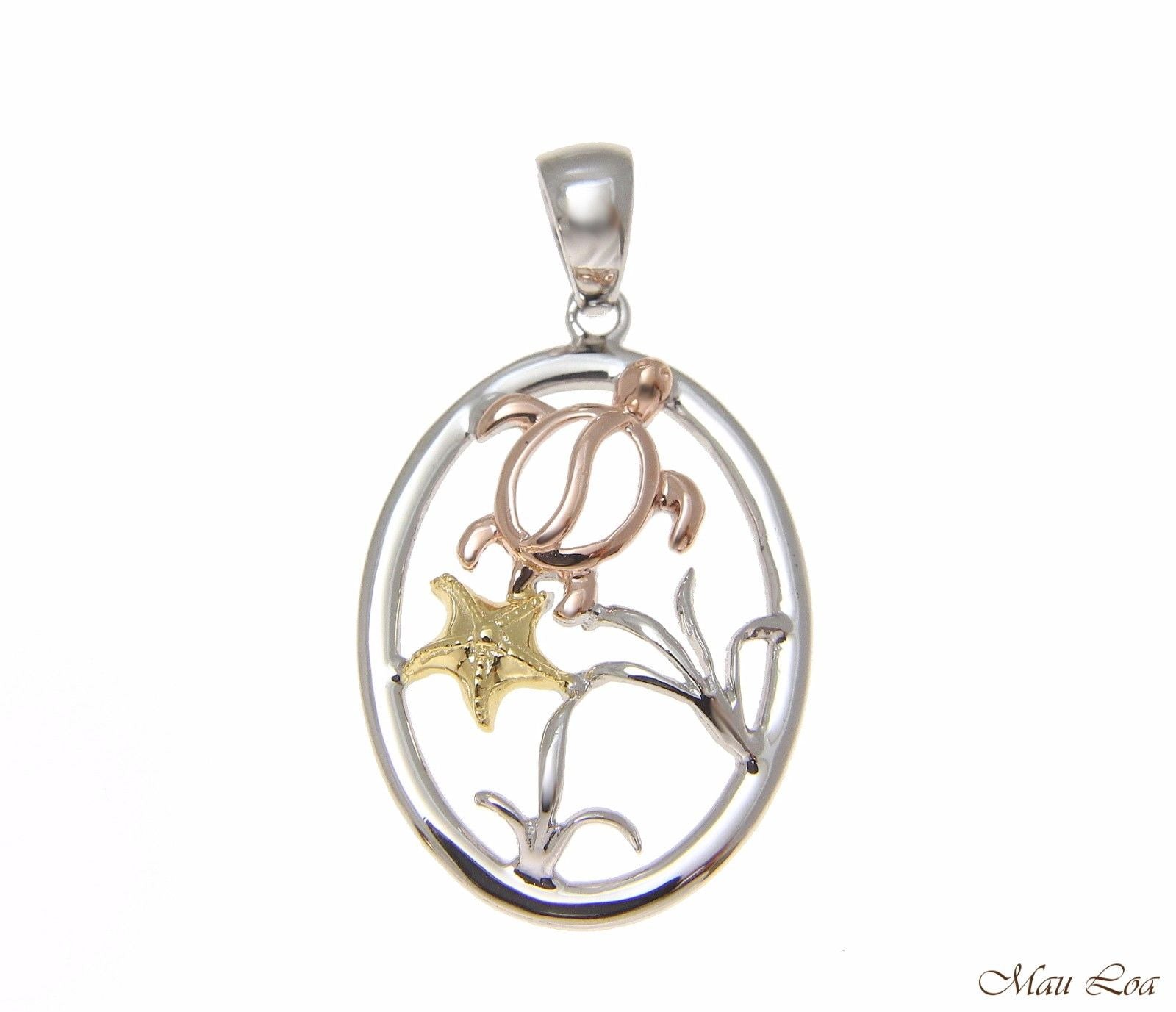 925 Sterling Silver Tricolor Hawaiian Honu Turtle Starfish in Oval Pendant