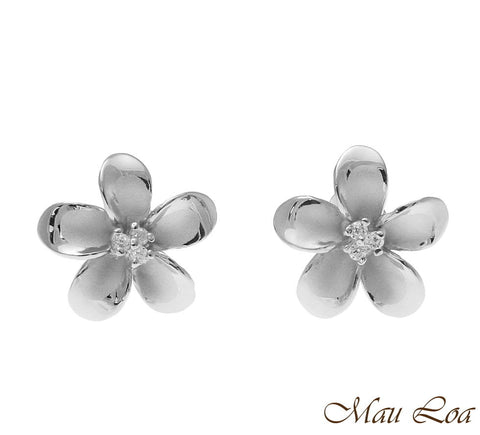 925 Sterling Silver Rhodium Hawaiian Plumeria Flower 3 CZ Stud Post Earrings