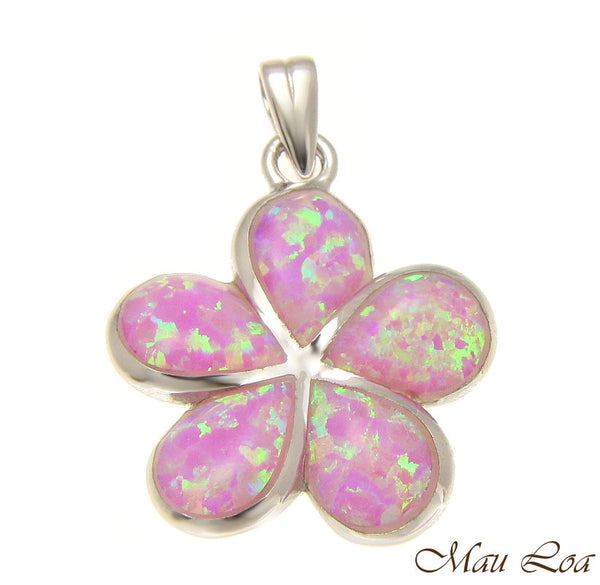 925 Sterling Silver Rhodium Pink Opal Hawaiian Plumeria Flower Pendant 12-30mm