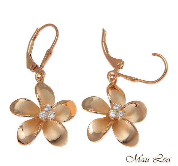 925 Silver Pink Rose Gold Hawaiian Plumeria Flower 3 CZ Leverback Earrings