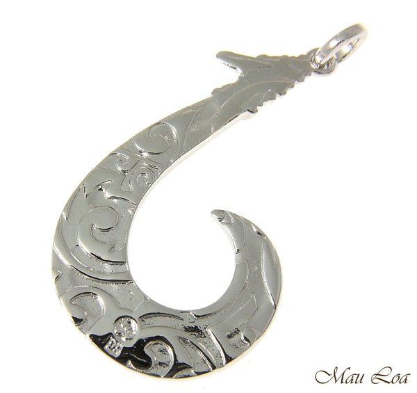 Koa Wood Hawaiian Wave Fish Hook Rhodium Silver Plated Brass Reversible Pendant