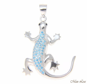 925 Sterling Silver Genuine Blue Topaz Hawaiian Gecko Lizard Pendant