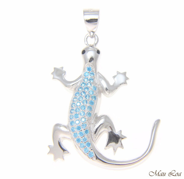 925 Sterling Silver Genuine Blue Topaz Hawaiian Gecko Lizard Pendant