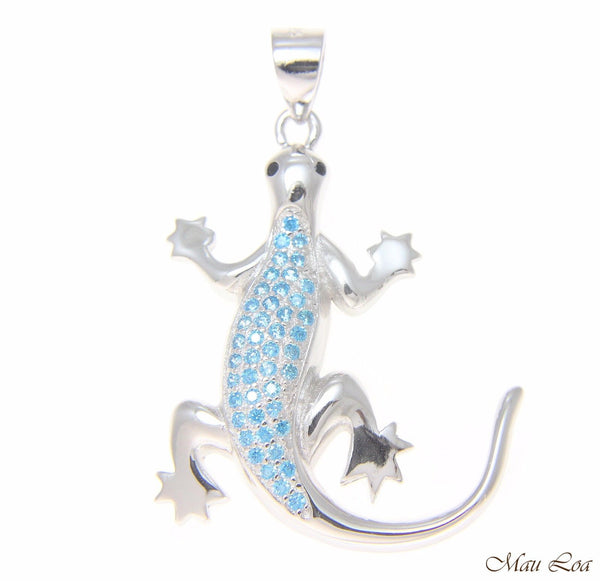 925 Sterling Silver Genuine Blue Topaz Hawaiian Gecko Lizard Pendant