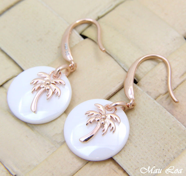 925 Silver Pink Rose Gold Hawaiian Palm Tree White Ceramic Circle Hook Earrings