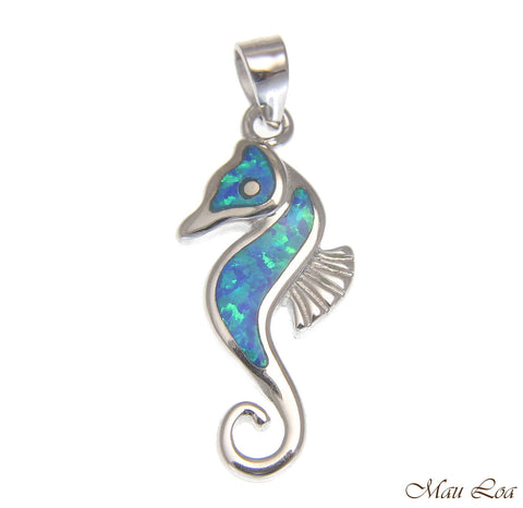 925 Sterling Silver Rhodium Hawaiian Seahorse Blue Opal Pendant Charm