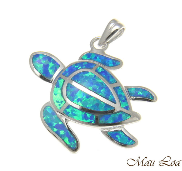 925 Sterling Silver Rhodium Hawaiian Honu Sea Turtle Blue Opal Pendant Charm