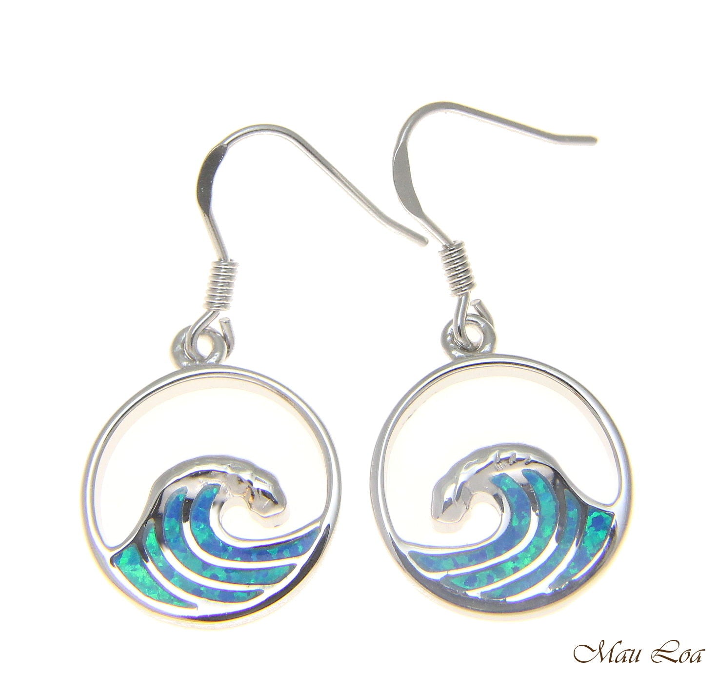 925 Sterling Silver Rhodium Hawaiian Ocean Wave Blue Opal Wire Hook Earrings