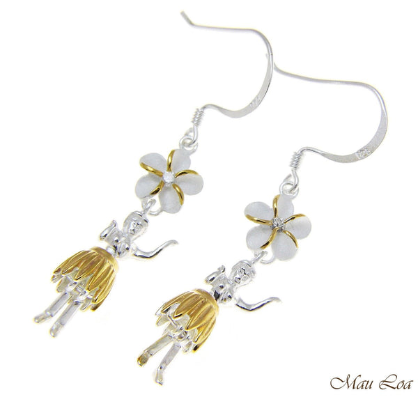 925 Silver Hawaiian Hula Girl 2 Tone Yellow Plumeria Flower Hook Wire Earrings