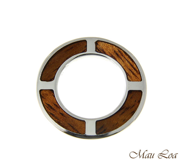 Koa Wood Hawaiian Scroll Circle Round Rhodium Silver Plated Brass 2Sided Pendant