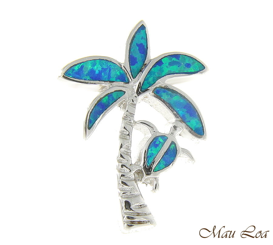 925 Sterling Silver Rhodium Hawaiian Palm Tree Honu Blue Opal Slider Pendant