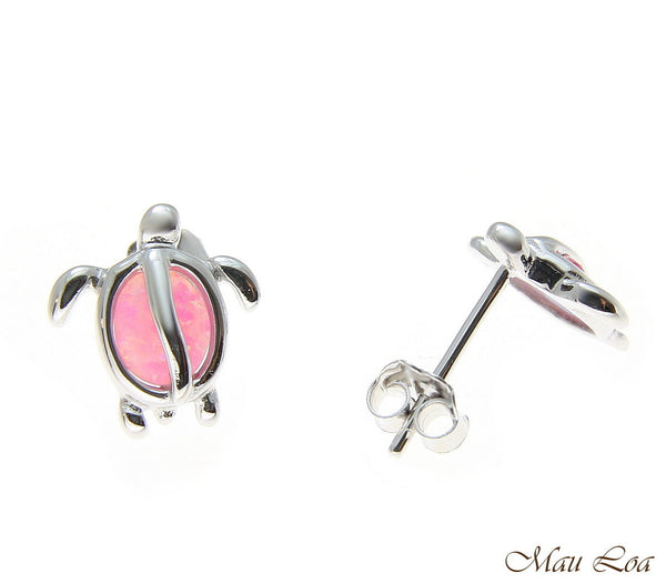 925 Sterling Silver Rhodium Hawaiian Honu Turtle Pink Opal Post Stud Earrings