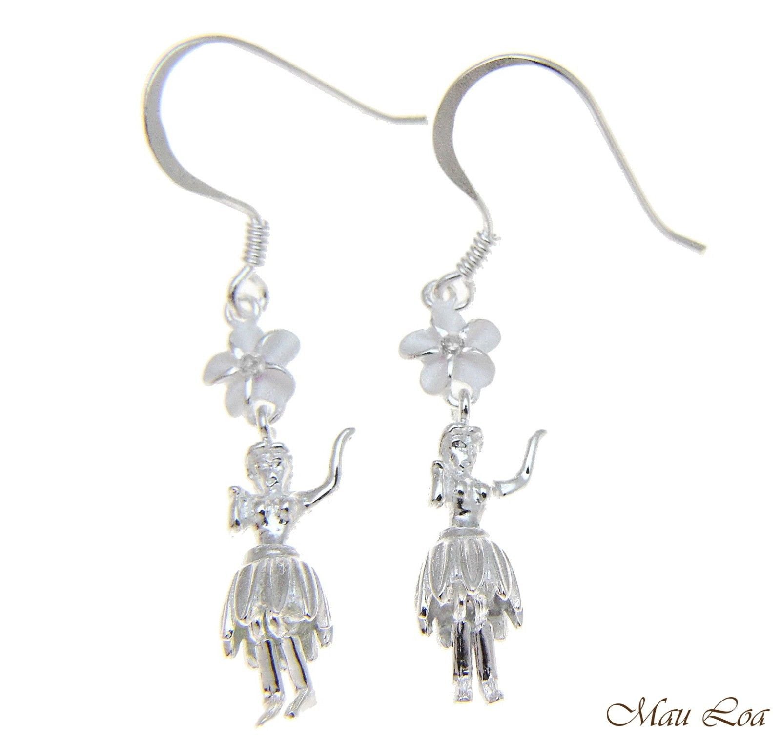 925 Sterling Silver Hawaiian Hula Girl Dancer Plumeria Flower Hook Wire Earrings