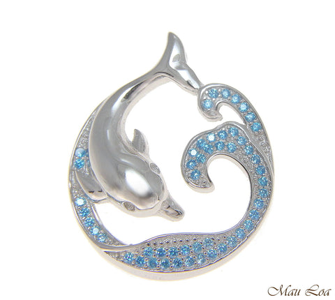 925 Silver Genuine Blue Topaz Hawaiian Ocean Wave Dolphin Slider Pendant