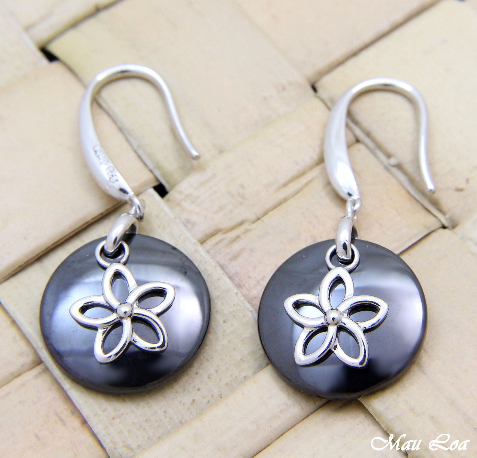 925 Silver Rhodium Hawaiian Plumeria Flower Black Ceramic Circle Hook Earrings