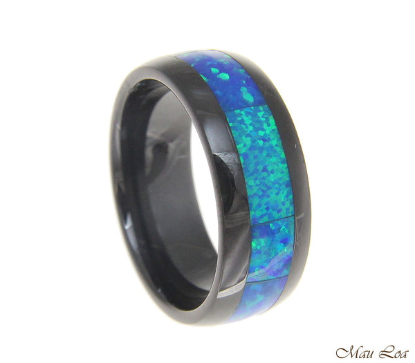 Black Ceramic 8mm Wedding Band Ring Blue Opal Inlay Comfort Fit Size 6-14