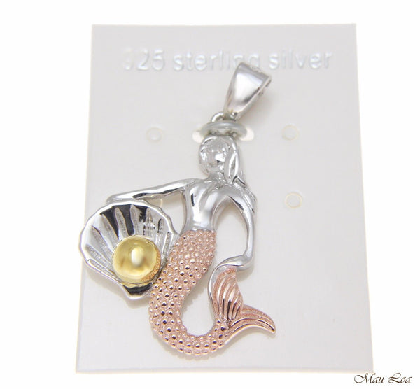 925 Sterling Silver Tricolor Hawaiian Mermaid Pearl Shell Oyster Pendant Charm