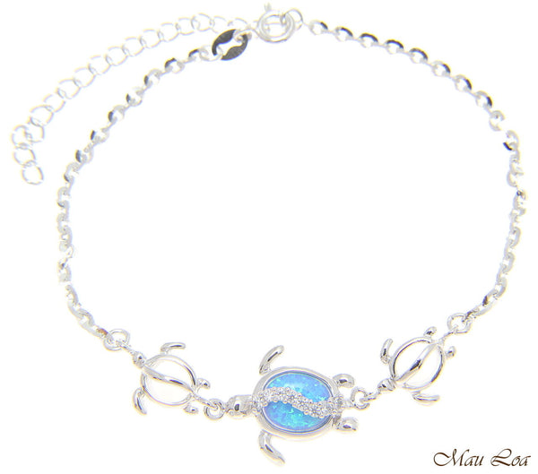 925 Silver Rhodium Hawaiian Honu Sea Turtle CZ Blue Opal Link Chain Anklet 9"+