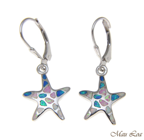 925 Silver Rhodium Hawaiian Starfish Sea Star Multi Opal Leverback Earrings