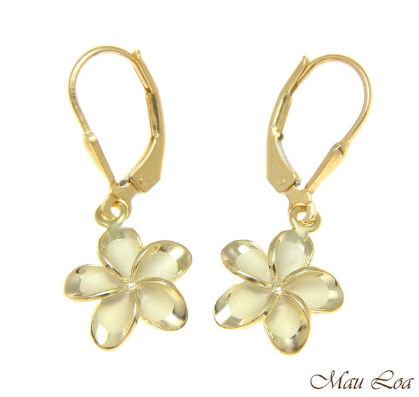 925 Silver Yellow Gold Hawaiian Plumeria Flower No CZ Stone Leverback Earrings