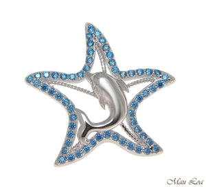 925 Sterling Silver Genuine Blue Topaz Hawaiian Starfish Dolphin Pendant