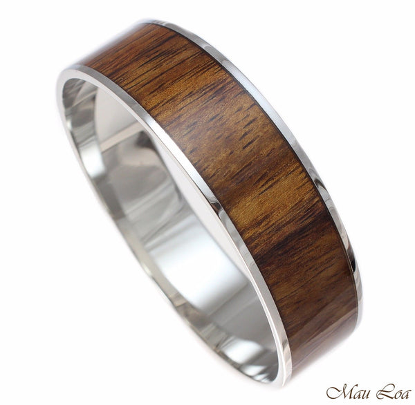 18mm Hawaiian Koa Wood Rhodium Plated on Brass Bangle Bracelet Size 7 - 9