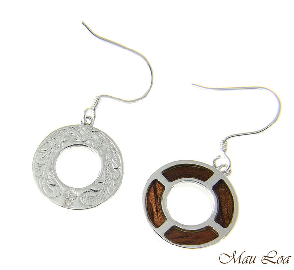 Koa Wood Hawaiian Scroll Circle Round Rhodium Silver Plated Brass Hook Earrings