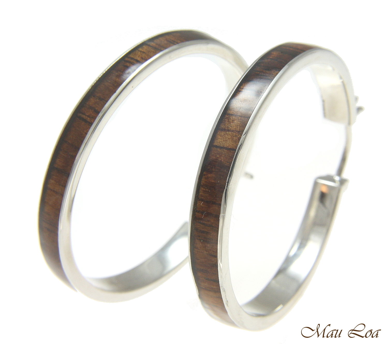Koa Wood Hawaiian Rhodium Plated Brass 39mm Round Hoop Snap Closure Earrings