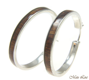 Koa Wood Hawaiian Rhodium Plated Brass 39mm Round Hoop Snap Closure Earrings