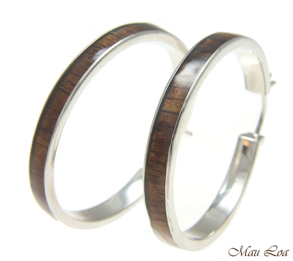Koa Wood Hawaiian Rhodium Plated Brass 39mm Round Hoop Snap Closure Earrings