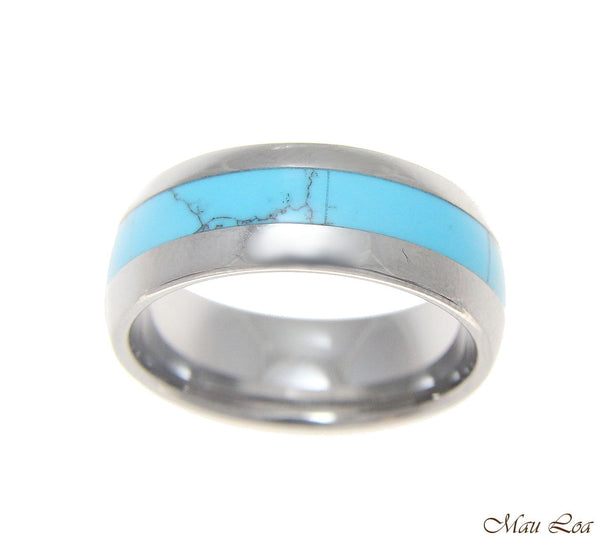 Tungsten 8mm Wedding Band Ring Unisex Blue Turquoise Inlay Comfort Fit Size 5-14