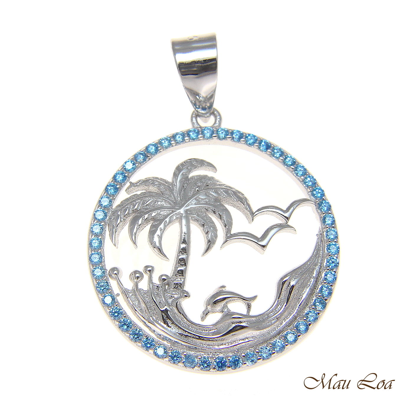 925 Silver Genuine Blue Topaz Hawaiian Palm Tree Dolphin Wave Pendant