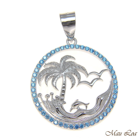 925 Silver Genuine Blue Topaz Hawaiian Palm Tree Dolphin Wave Pendant