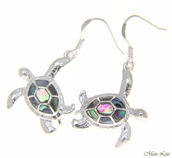 925 Sterling Silver Hawaiian Honu Sea Turtle Abalone Shell Paua Hook Earrings