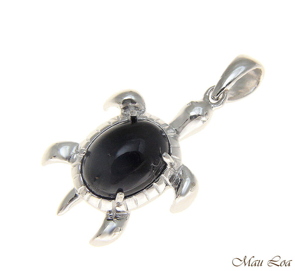 925 Silver Rhodium 7x9mm Oval Genuine Black Coral Hawaiian Turtle Honu Pendant