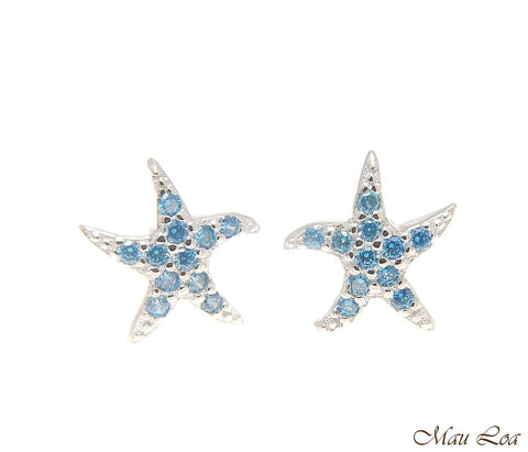 925 Sterling Silver Blue Topaz Hawaiian Starfish Star Post Stud Earrings
