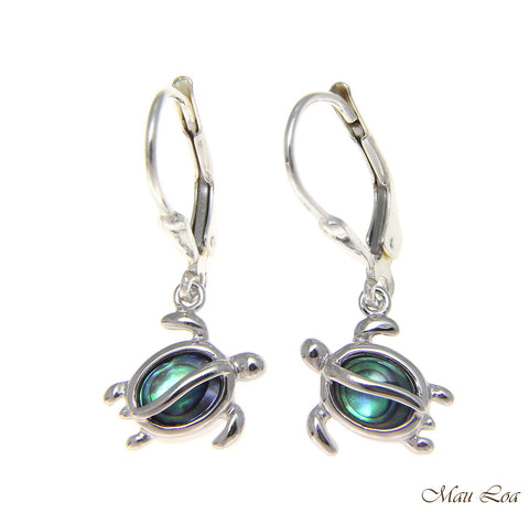 925 Sterling Silver Hawaiian Honu Turtle Abalone Shell Paua Leverback Earrings