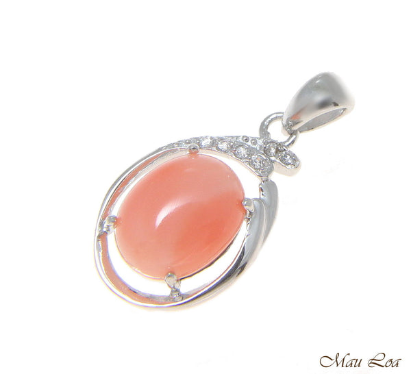925 Sterling Silver Rhodium CZ Genuine Natural 8x10mm Oval Pink Coral Pendant