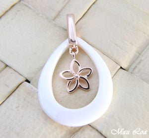 925 Silver Pink Gold Hawaiian Plumeria Flower White Ceramic Tear Drop Pendant